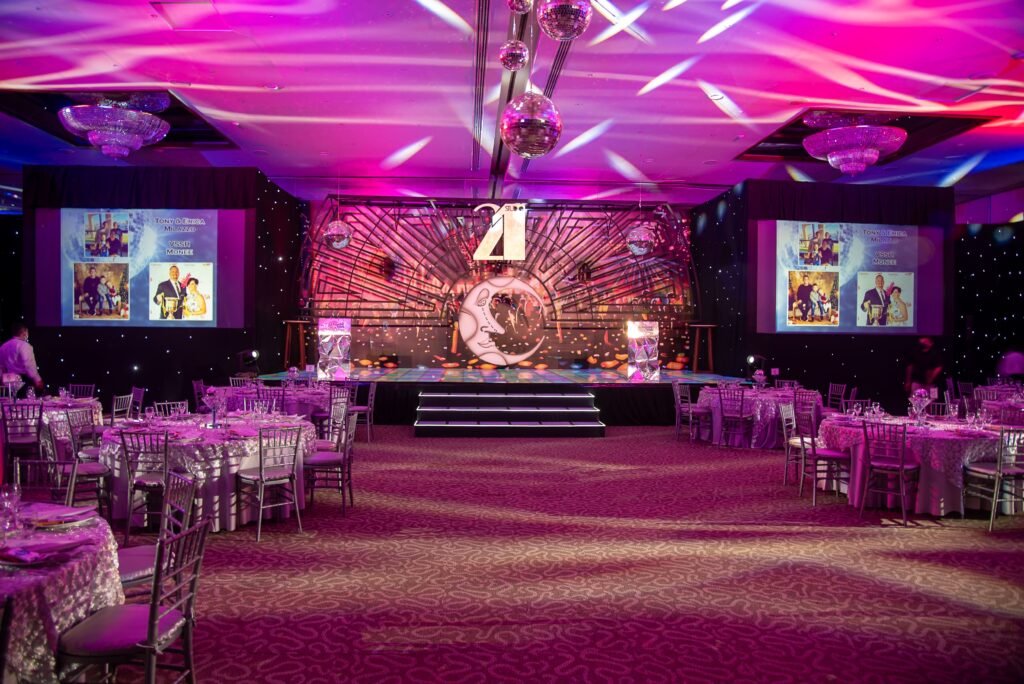 Corporate Event Planning Tips for Success Vibrant event hall set up for a themed dinner with elegant decorations and lighting.